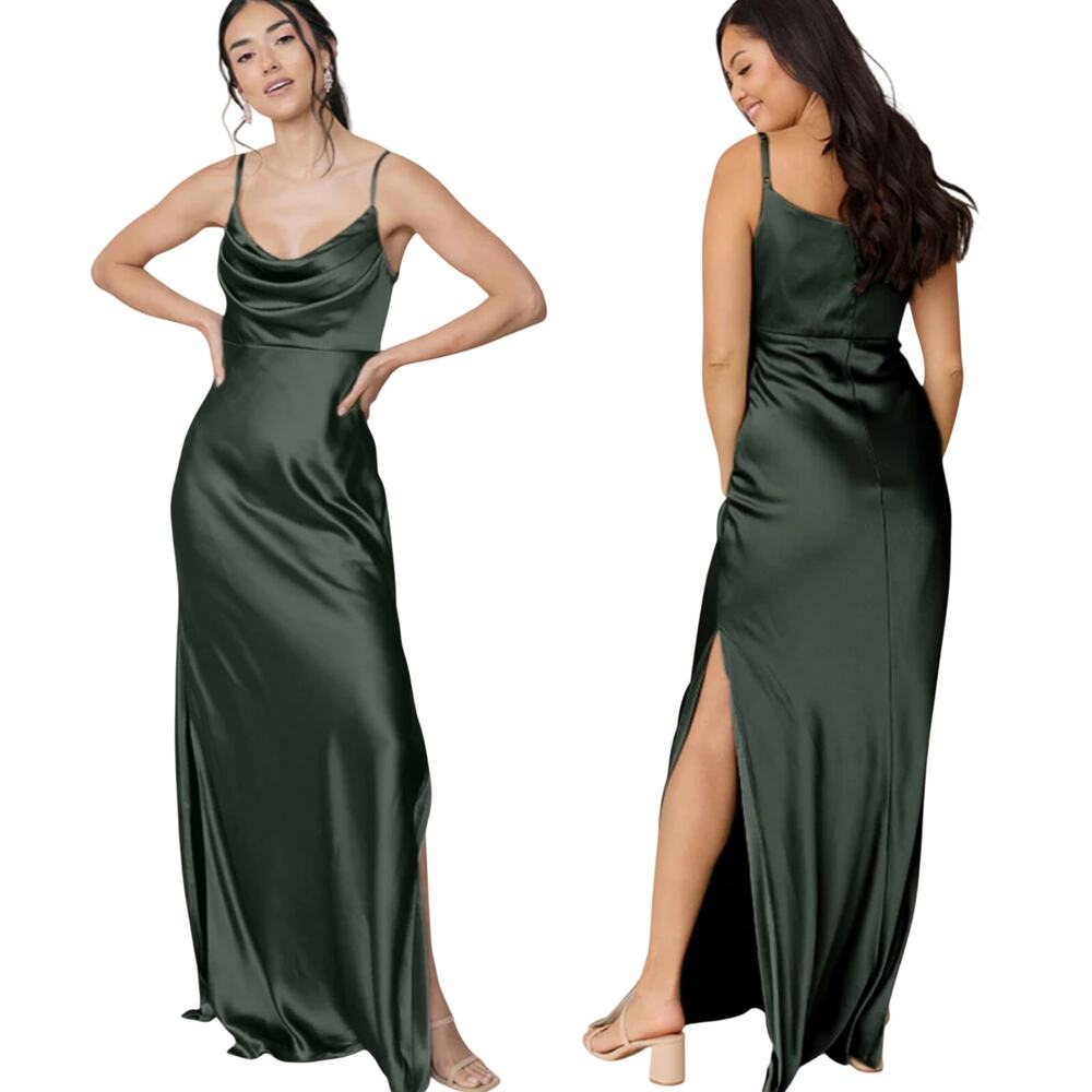 Revelry Skye Satin Gown Cowl Neck Maxi Dress Side Slits Deep OIive Green 22W